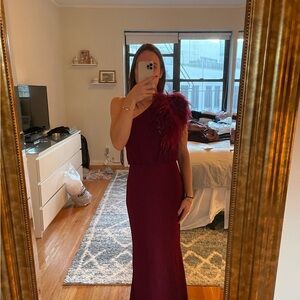 Badgley Mischka One-Shoulder Burgundy Dress with Feather Detail